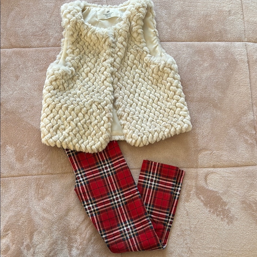 H&M Kids Cream Vest and Red Plaid Pants Set